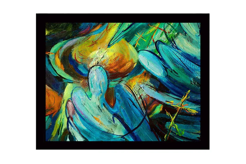 Indrammet lærred i træ - 41x56 cm - Abstrakt komposition med flydende former og farver, Turkis / Orange / Grøn