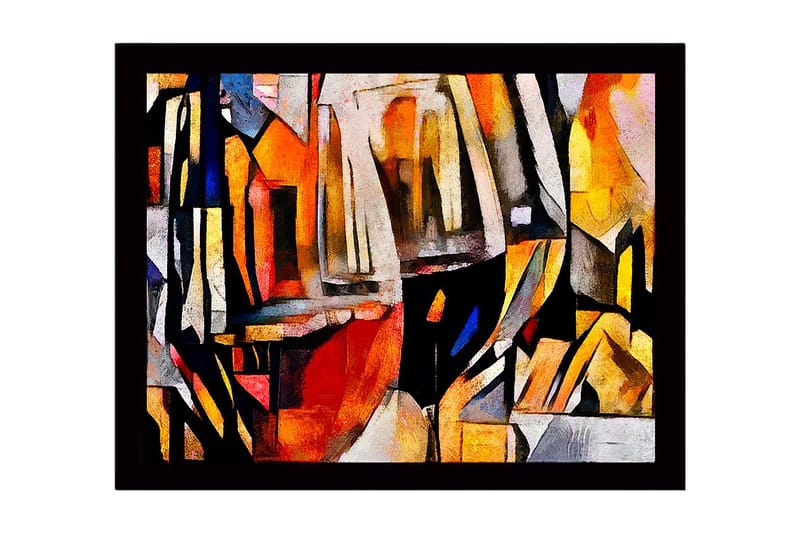 Indrammet lærred i træ - 41x56 cm - Abstrakt komposition med geometriske former og farvede overflader, Orange / Sort / Grå