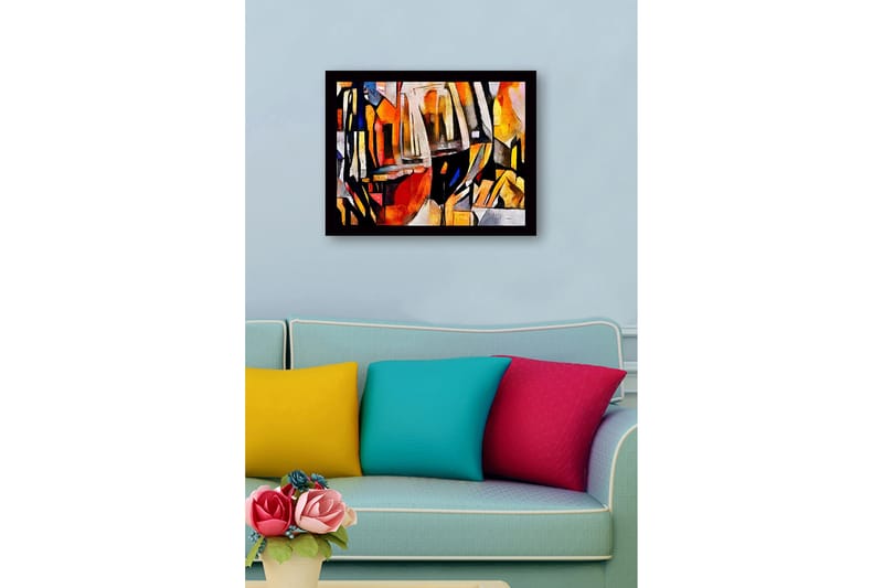 Indrammet lærred i træ - 41x56 cm - Abstrakt komposition med geometriske former og farvede overflader - Orange / Sort / Grå - Boligtilbehør - Billeder & kunst