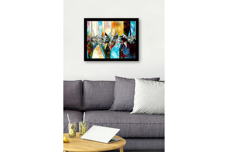 Indrammet lærred i træ - 41x56 cm - Abstrakt komposition med geometriske former og farvede sektioner - Blå / Orange / Grøn - Boligtilbehør - Billeder & kunst