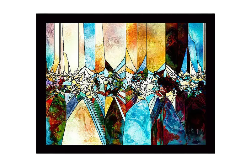 Indrammet lærred i træ - 41x56 cm - Abstrakt komposition med geometriske former og farvede sektioner, Blå / Orange / Grøn