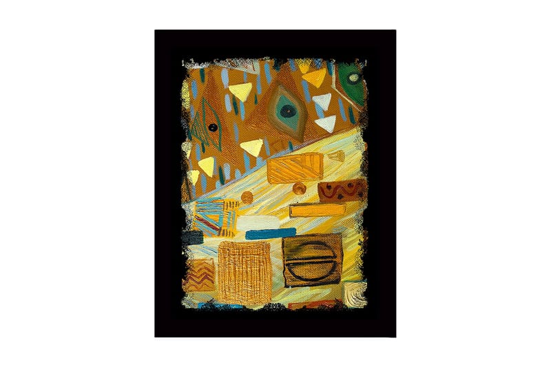 Indrammet lærred i træ - 41x56 cm - Abstrakt komposition med geometriske former og mønstre, Guld / Brun / Grøn