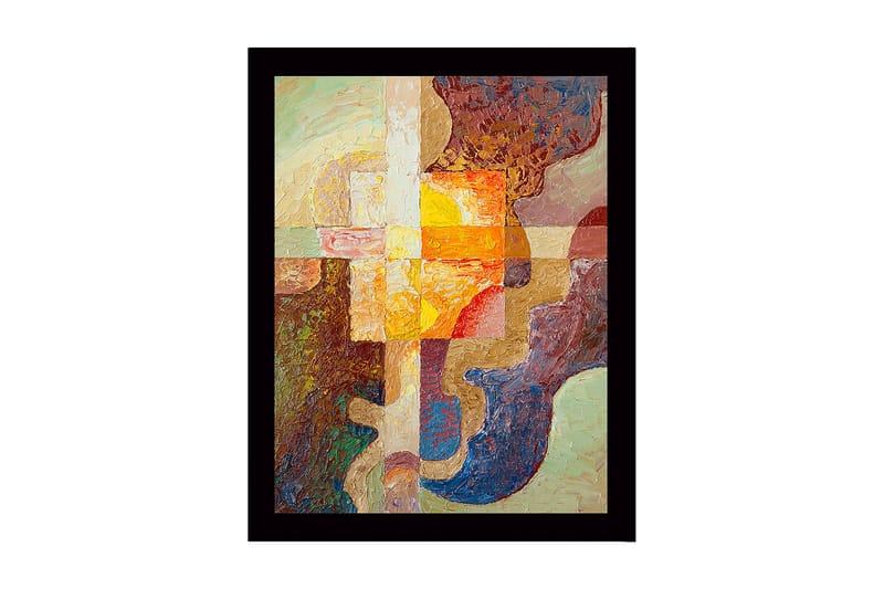 Indrammet lærred i træ - 41x56 cm - Abstrakt komposition med geometriske former og varme farver, Guld / Brun / Beige