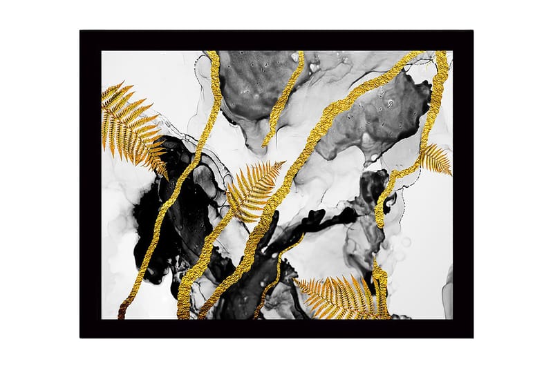 Indrammet lærred i træ - 41x56 cm - Abstrakt komposition med gyldne bregneblade og sorte elementer, Guld / Sort / Grå