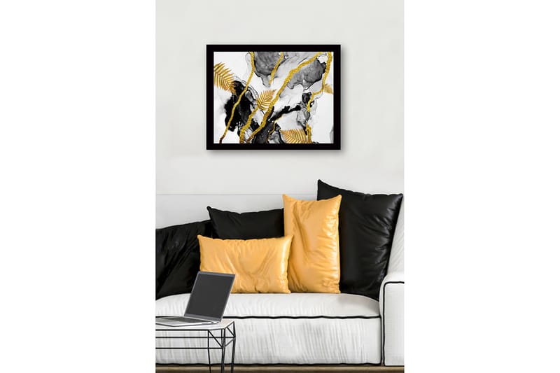Indrammet lærred i træ - 41x56 cm - Abstrakt komposition med gyldne bregneblade og sorte elementer - Guld / Sort / Grå - Boligtilbehør - Billeder & kunst