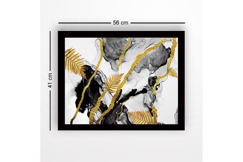 Indrammet lærred i træ - 41x56 cm - Abstrakt komposition med gyldne bregneblade og sorte elementer - Guld / Sort / Grå - Boligtilbehør - Billeder & kunst