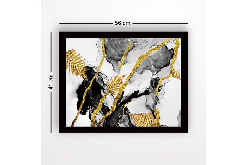 Indrammet lærred i træ - 41x56 cm - Abstrakt komposition med gyldne bregneblade og sorte elementer - Guld / Sort / Grå - Boligtilbehør - Billeder & kunst