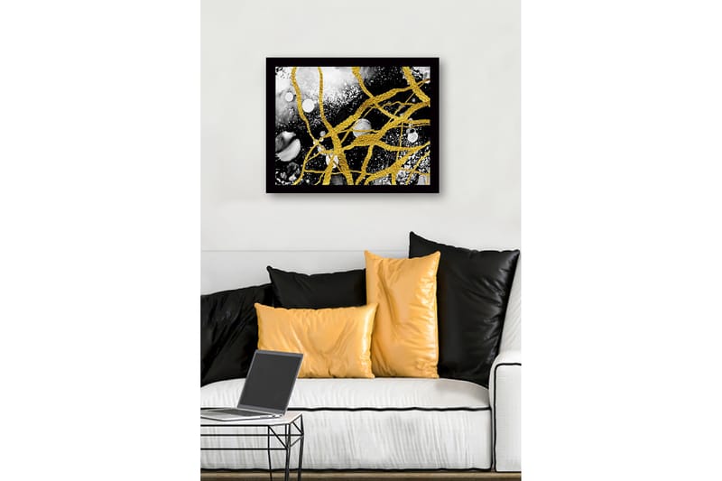 Indrammet lærred i træ - 41x56 cm - Abstrakt komposition med gyldne linjer og sort-hvide elementer - Guld / Sort / Hvid - Boligtilbehør - Billeder & kunst