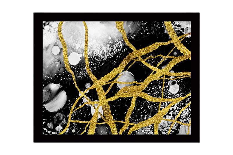 Indrammet lærred i træ - 41x56 cm - Abstrakt komposition med gyldne linjer og sort-hvide elementer, Guld / Sort / Hvid