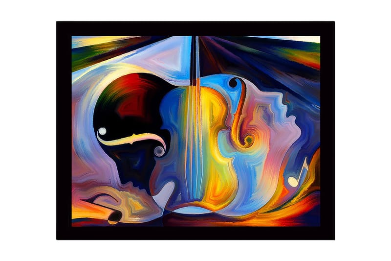 Indrammet lærred i træ - 41x56 cm - Abstrakt komposition med musikinstrumenter og ansigter, Mørkeblå / Orange / Lysegul