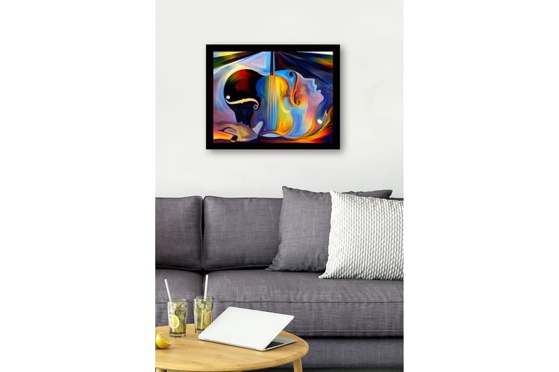 Indrammet lærred i træ - 41x56 cm - Abstrakt komposition med musikinstrumenter og ansigter - Mørkeblå / Orange / Lysegul - Boligtilbehør - Billeder & kunst