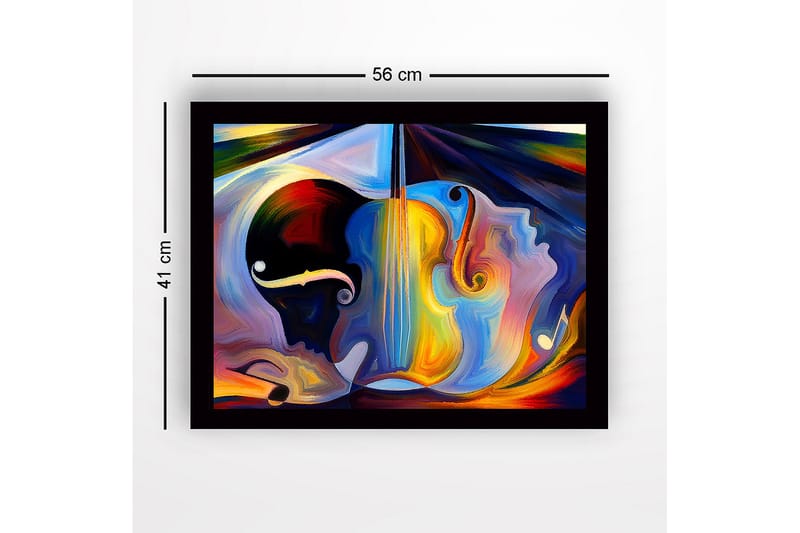Indrammet lærred i træ - 41x56 cm - Abstrakt komposition med musikinstrumenter og ansigter - Mørkeblå / Orange / Lysegul - Boligtilbehør - Billeder & kunst
