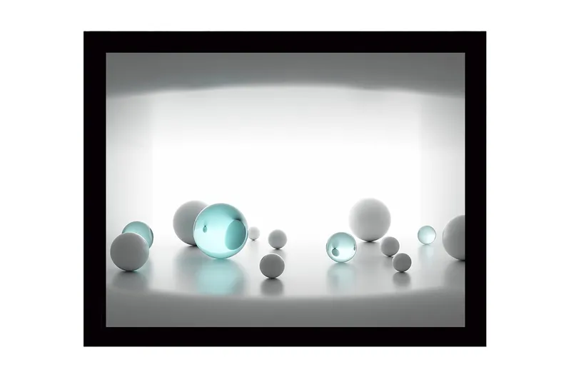 Indrammet lærred i træ - 41x56 cm - Abstrakt komposition med sfæriske former i forskellige størrelser, Hvid / Lyseblå