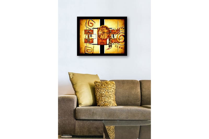 Indrammet lærred i træ - 41x56 cm - Abstrakt komposition med solsymbolik og geometriske former - Guld / Orange / Brun - Boligtilbehør - Billeder & kunst