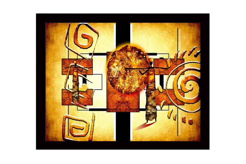 Indrammet lærred i træ - 41x56 cm - Abstrakt komposition med solsymbolik og geometriske former, Guld / Orange / Brun