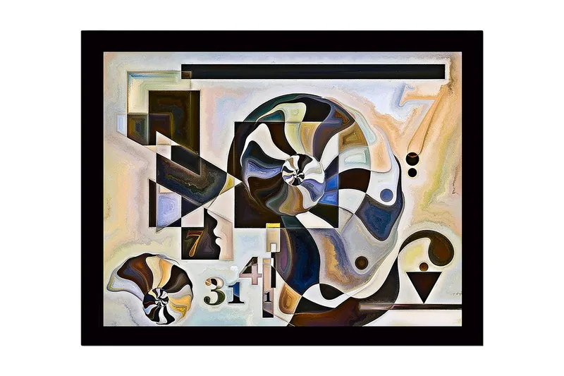 Indrammet lærred i træ - 41x56 cm - Abstrakt komposition med spiraler og geometriske former, Sort / Hvid / Brun