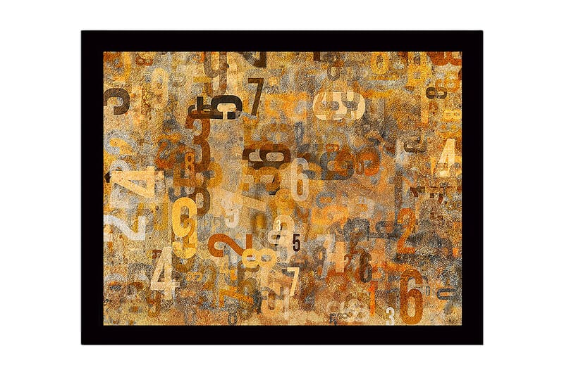 Indrammet lærred i træ - 41x56 cm - Abstrakt komposition med tal i forskellige størrelser, Guld / Brun / Beige