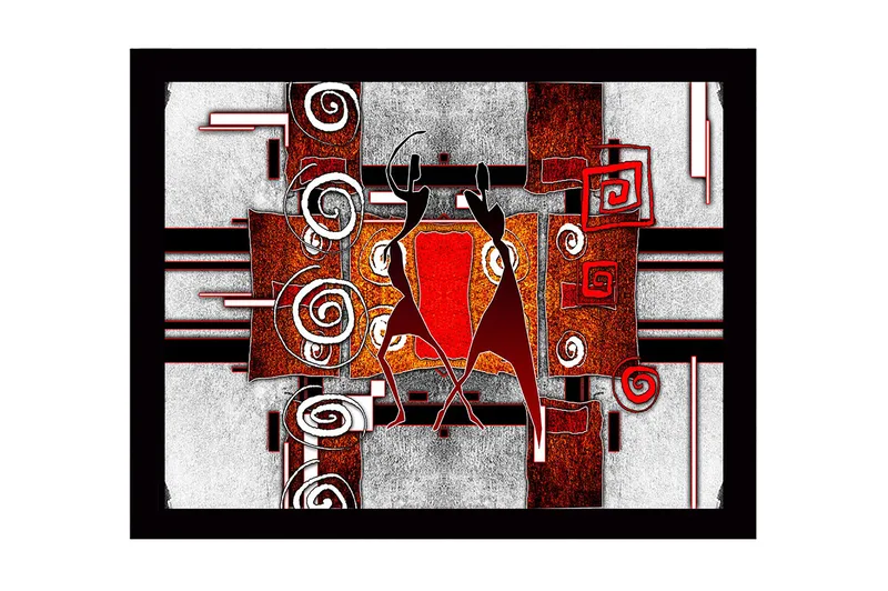 Indrammet lærred i træ - 41x56 cm - Abstrakt komposition med to dansende figurer, Rød / Sort / Hvid