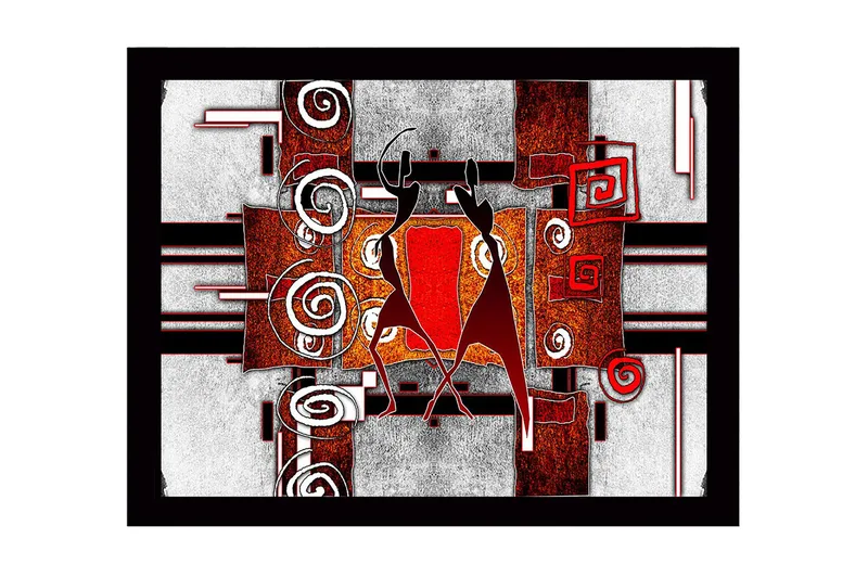 Indrammet lærred i træ - 41x56 cm - Abstrakt komposition med to dansende figurer, Rød / Sort / Hvid