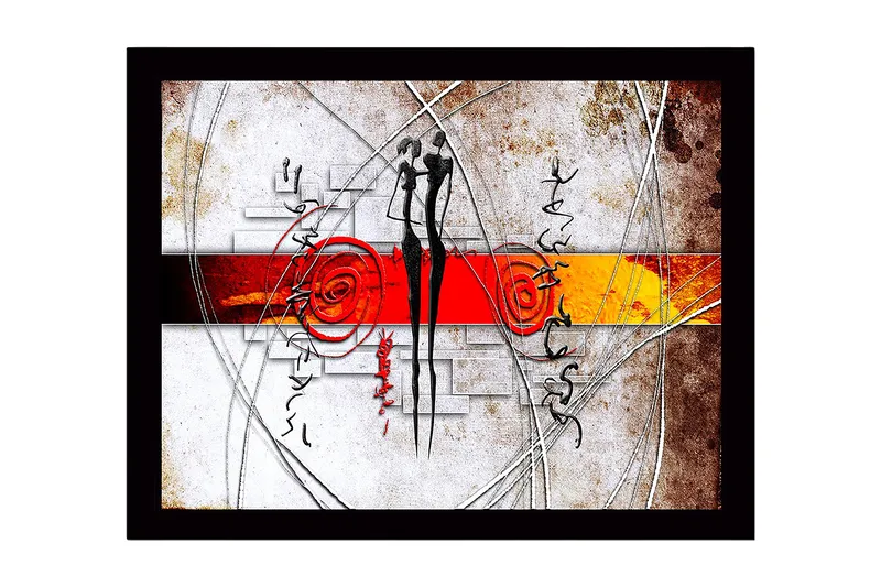 Indrammet lærred i træ - 41x56 cm - Abstrakt komposition med to stiliserede figurer i interaktion, Rød / Sort / Orange