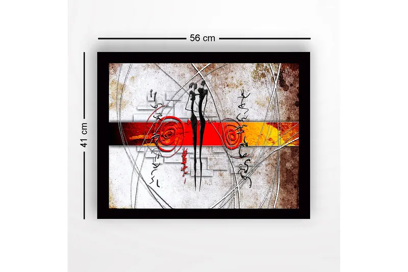 Indrammet lærred i træ - 41x56 cm - Abstrakt komposition med to stiliserede figurer i interaktion - Rød / Sort / Orange - Boligtilbehør - Billeder & kunst