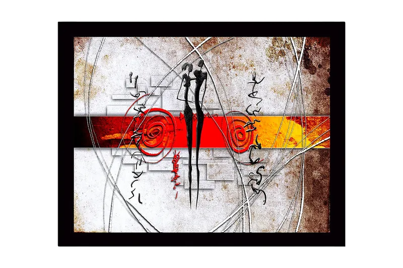 Indrammet lærred i træ - 41x56 cm - Abstrakt komposition med to stiliserede figurer i interaktion, Rød / Sort / Orange