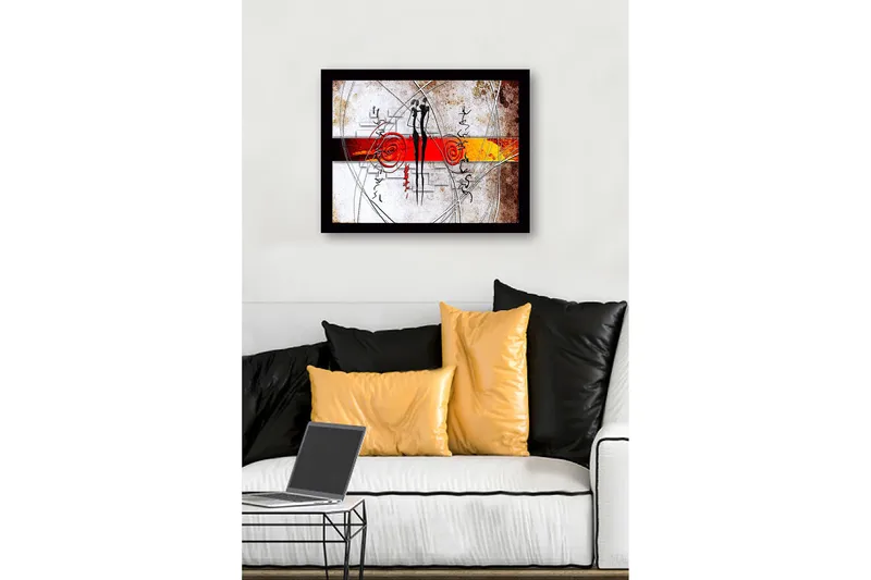 Indrammet lærred i træ - 41x56 cm - Abstrakt komposition med to stiliserede figurer i interaktion - Rød / Sort / Orange - Boligtilbehør - Billeder & kunst