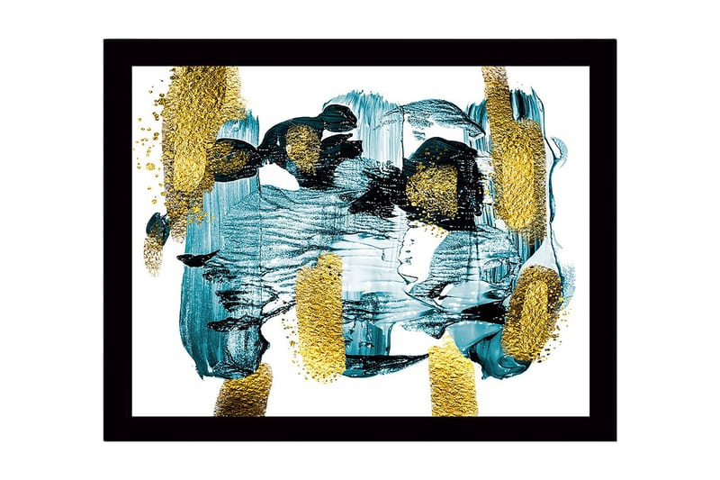 Indrammet lærred i træ - 41x56 cm - Abstrakt komposition med turkise og gyldne elementer, Turkis / Guld