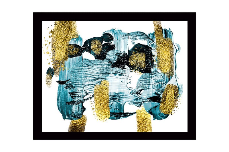 Indrammet lærred i træ - 41x56 cm - Abstrakt komposition med turkise og gyldne elementer, Turkis / Guld