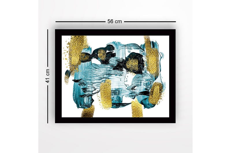 Indrammet lærred i træ - 41x56 cm - Abstrakt komposition med turkise og gyldne elementer - Turkis / Guld - Boligtilbehør - Billeder & kunst