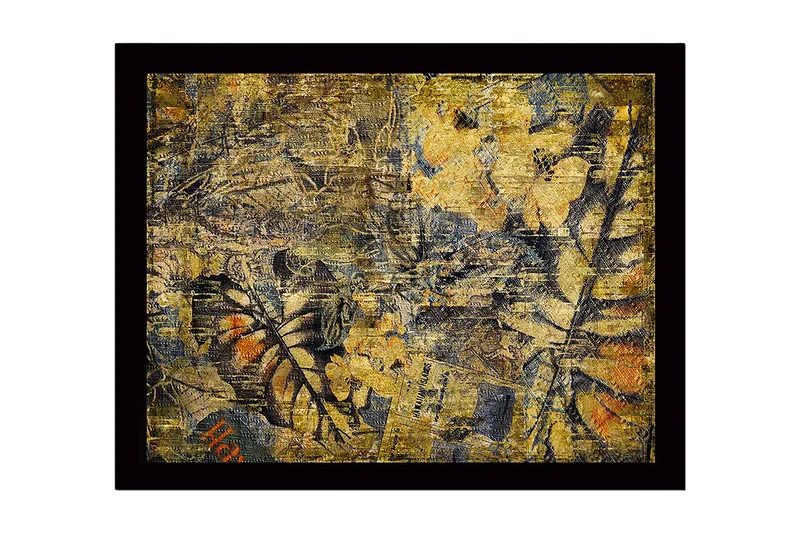 Indrammet lærred i træ - 41x56 cm - Abstrakt komposition med plantemotiver og teksturer, Guld / Mørkeblå / Orange