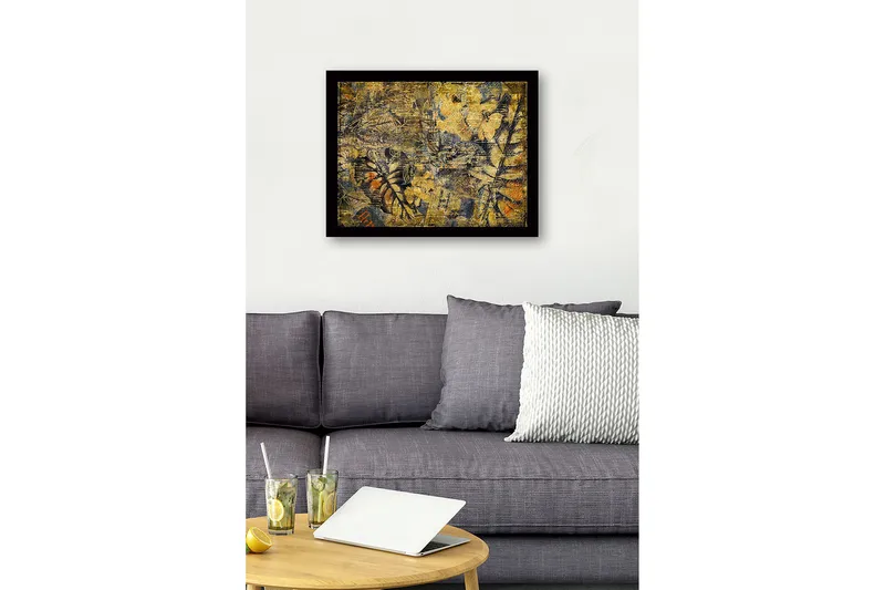 Indrammet lærred i træ - 41x56 cm - Abstrakt komposition med plantemotiver og teksturer - Guld / Mørkeblå / Orange - Boligtilbehør - Billeder & kunst