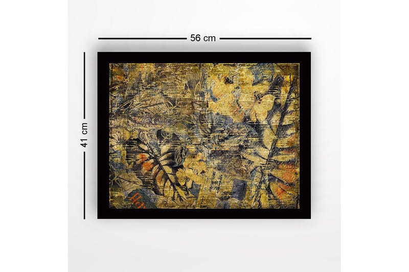 Indrammet lærred i træ - 41x56 cm - Abstrakt komposition med plantemotiver og teksturer - Guld / Mørkeblå / Orange - Boligtilbehør - Billeder & kunst
