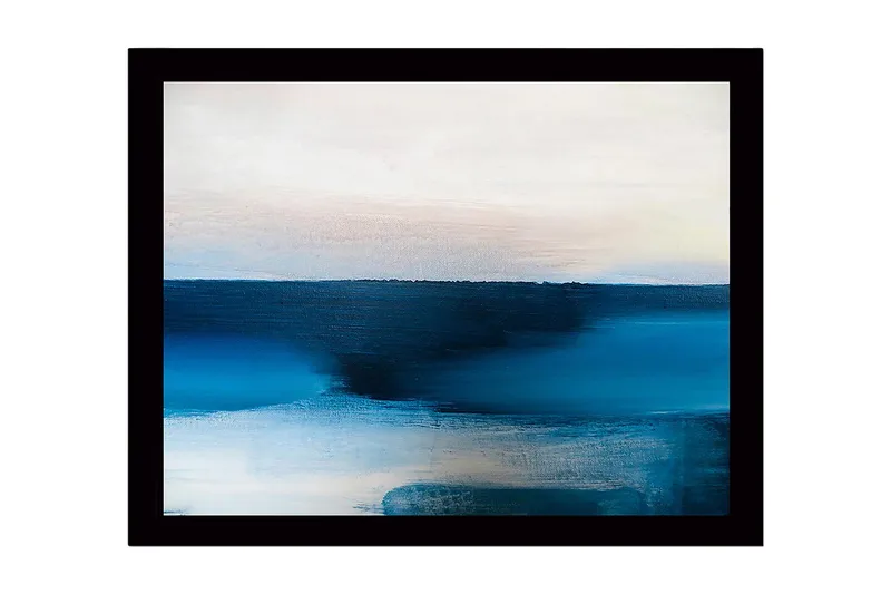 Indrammet lærred i træ - 41x56 cm - Abstrakt landskab med blå nuancer, Mørkeblå / Lyseblå / Hvid