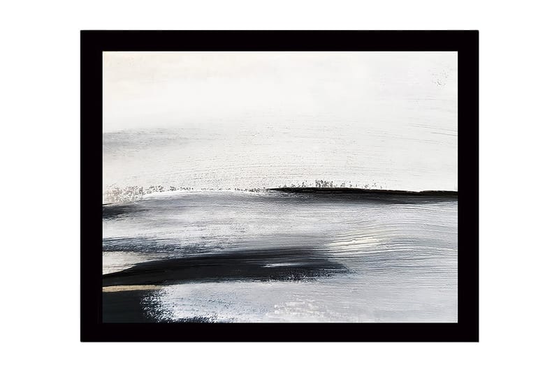 Indrammet lærred i træ - 41x56 cm - Abstrakt landskab med bløde, fejende linjer, Hvid / Sort / Grå