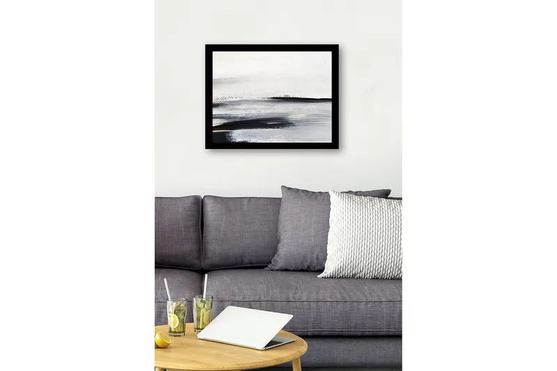 Indrammet lærred i træ - 41x56 cm - Abstrakt landskab med bløde, fejende linjer - Hvid / Sort / Grå - Boligtilbehør - Billeder & kunst