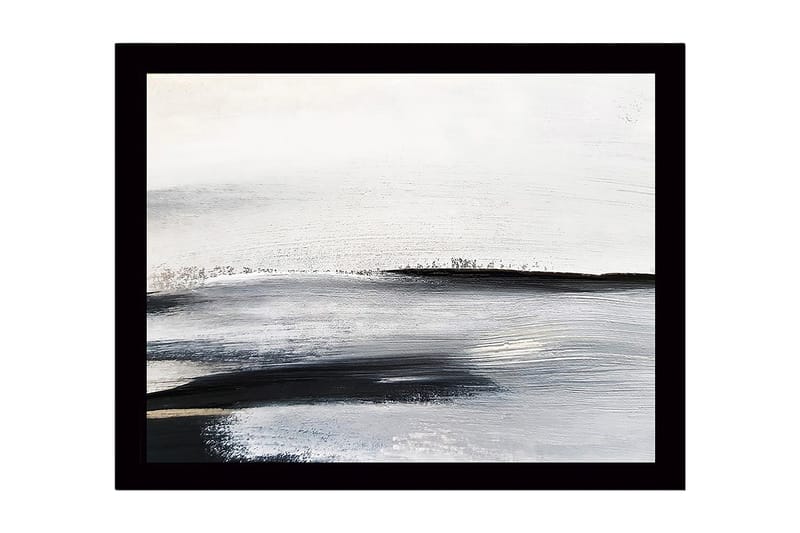 Indrammet lærred i træ - 41x56 cm - Abstrakt landskab med bløde, fejende linjer, Hvid / Sort / Grå
