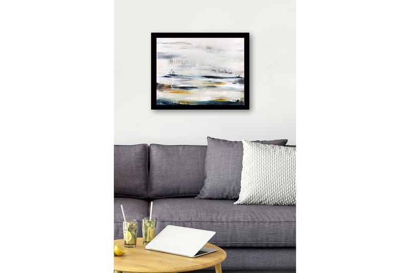 Indrammet lærred i træ - 41x56 cm - Abstrakt landskab med bløde farveovergange - Blå / Grå / Gul - Boligtilbehør - Billeder & kunst