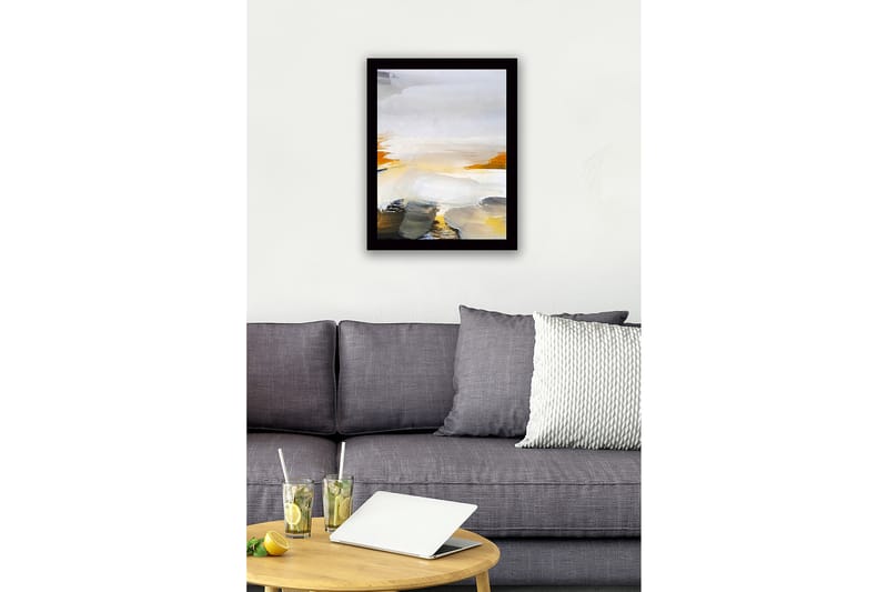 Indrammet lærred i træ - 41x56 cm - Abstrakt landskab med bløde farveovergange - Hvid / Gul / Grå - Boligtilbehør - Billeder & kunst