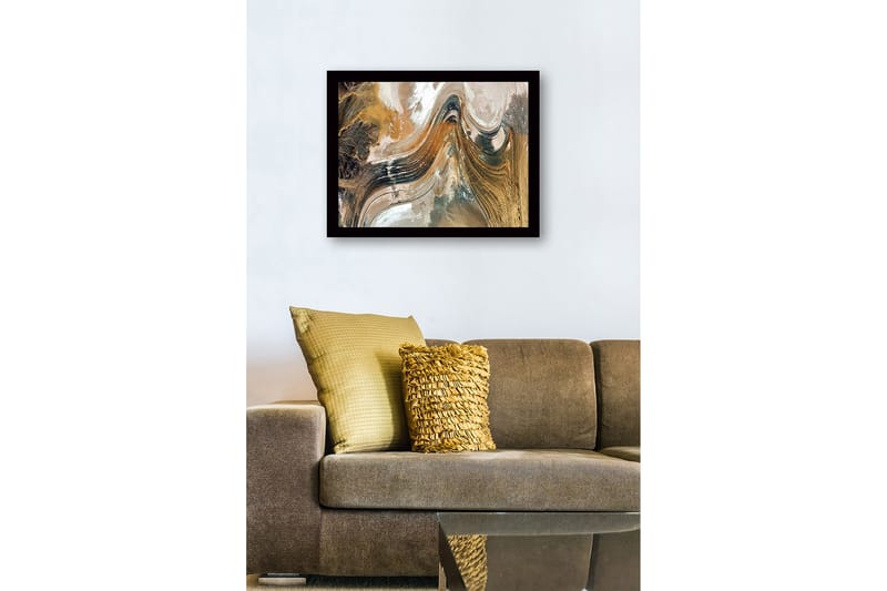 Indrammet lærred i træ - 41x56 cm - Abstrakt landskab med fejende linjer og jordfarver - Guld / Brun / Sort - Boligtilbehør - Billeder & kunst