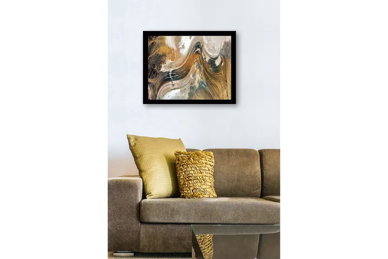 Indrammet lærred i træ - 41x56 cm - Abstrakt landskab med fejende linjer og jordfarver - Guld / Brun / Sort - Boligtilbehør - Billeder & kunst
