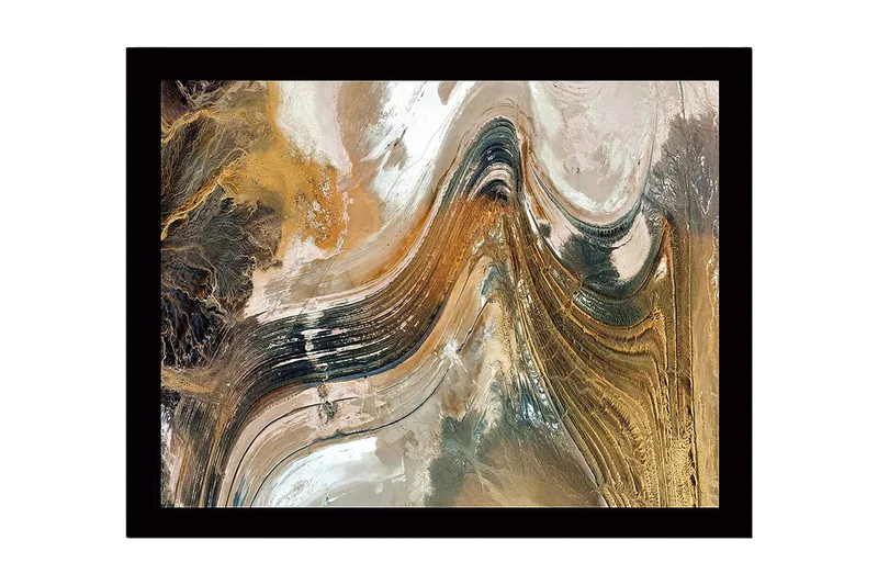 Indrammet lærred i træ - 41x56 cm - Abstrakt landskab med fejende linjer og jordfarver, Guld / Brun / Sort