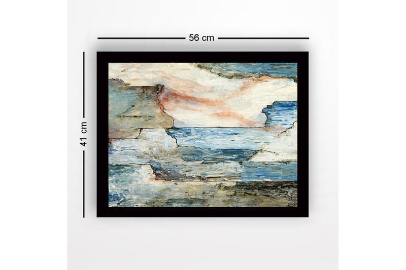 Indrammet lærred i træ - 41x56 cm - Abstrakt landskab med hav og klipper - Blå / Grå / Beige - Boligtilbehør - Billeder & kunst