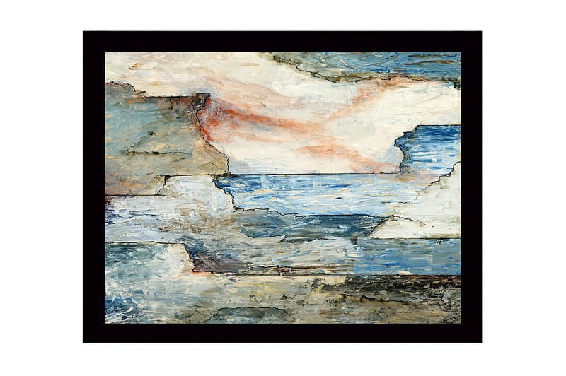 Indrammet lærred i træ - 41x56 cm - Abstrakt landskab med hav og klipper, Blå / Grå / Beige