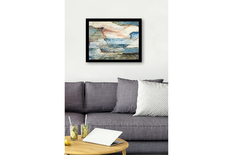 Indrammet lærred i træ - 41x56 cm - Abstrakt landskab med hav og klipper - Blå / Grå / Beige - Boligtilbehør - Billeder & kunst