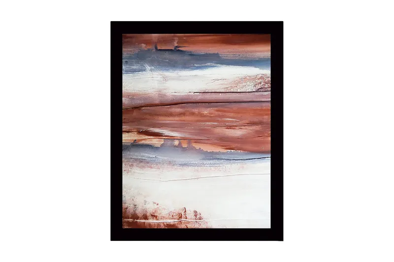 Indrammet lærred i træ - 41x56 cm - Abstrakt landskab med jordfarver, Rødbrun / Blå / Hvid