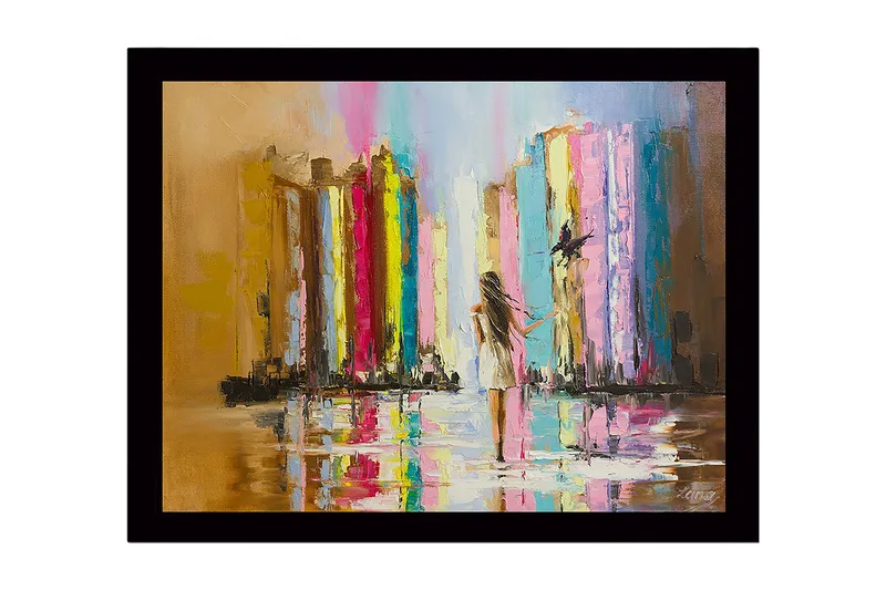 Indrammet lærred i træ - 41x56 cm - Abstrakt scene i regnvejr, hvor kvinde går mod lyset med farvesøjler, Flerfarvet