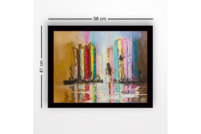 Indrammet lærred i træ - 41x56 cm - Abstrakt scene i regnvejr, hvor kvinde går mod lyset med farvesøjler - Flerfarvet - Boligtilbehør - Billeder & kunst