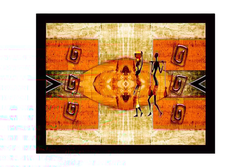 Indrammet lærred i træ - 41x56 cm - Abstrakt scene med stiliserede figurer, der bærer vandkrukker, Orange / Sort / Beige