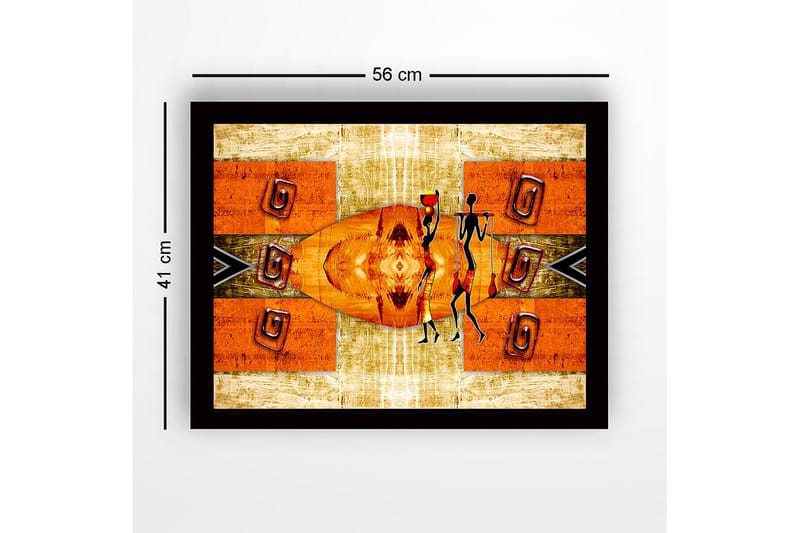 Indrammet lærred i træ - 41x56 cm - Abstrakt scene med stiliserede figurer, der bærer vandkrukker - Orange / Sort / Beige - Boligtilbehør - Billeder & kunst